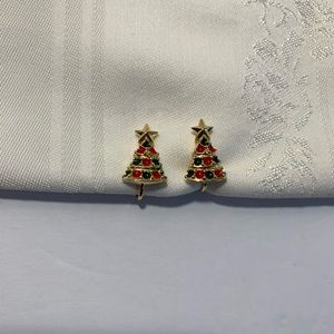 Christmas Tree Clip On Earrings Red Green Ball Ornaments Set In Gold Tone 3/4”
